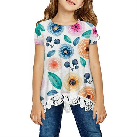 

naisibaby Cute Print Lace T-shirt for Girls Short Sleeve Summer Blouse Top for Toddler Multicolor Size 3-4 Years