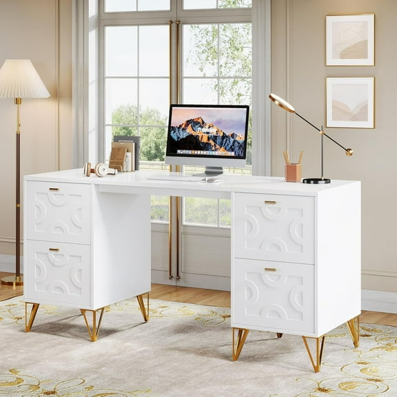 Finmind White Computer Desk with File Drawers, 59'' Modern Home Office Desk, Work Desk with Storage with Gold Legs for Home Office