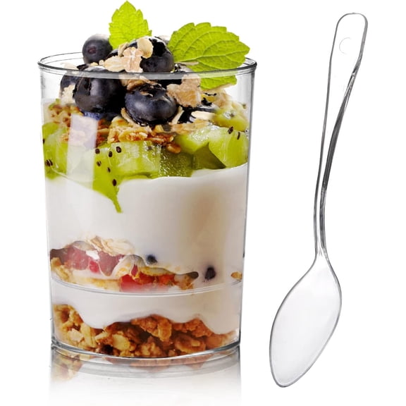 100 Pack Mini Dessert Cups with Spoons, 3 Oz Round Shot Cups Plastic Dessert Shooters, Appetizer Parfait Cups Shot Glasses for Chocolate Desserts, Ice Cream, Puddings, Tasting Party