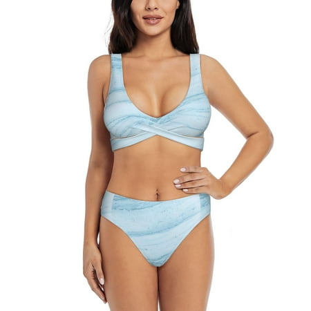 Zeuib Blue Marble High Waisted Tummy Control Bikini Set - Knot Front Push Up Top & Cheeky Thong Bottom  Two-Piece Swimsuit for Women-X-Large