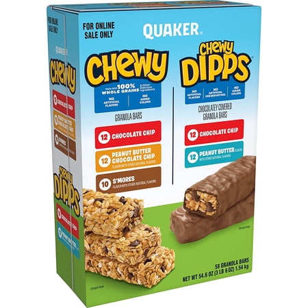 Quaker Bars Granola Bars 5 Flavor 58ct, Chewy & Dipps Variety Pack, 58 Count