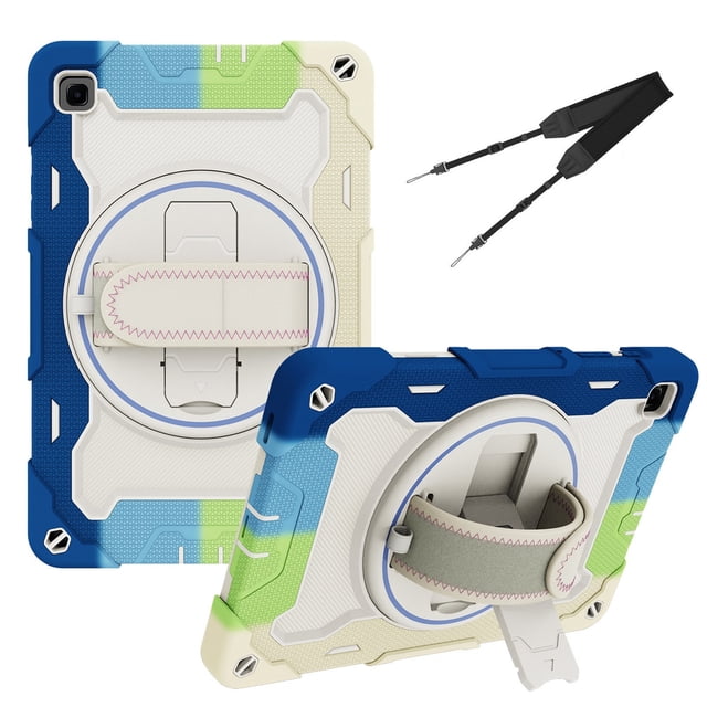 XYX 3in1 Rotating Stand Case for Samsung Galaxy Tab S6 Lite 10.4 inch with Hand/Shoulder Strap, Shockproof Rugged, Colorful Blue