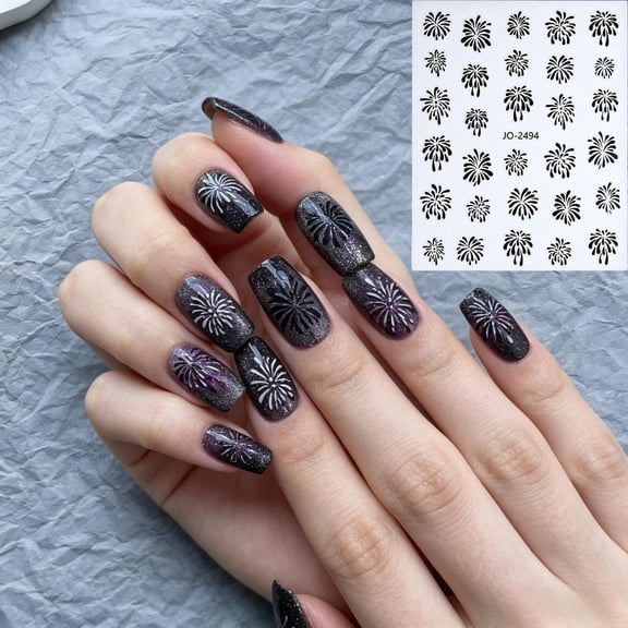 Nail Stickers 3D Laser Black Firework Self Adhesive Decals for Women Girls 1 Sheet