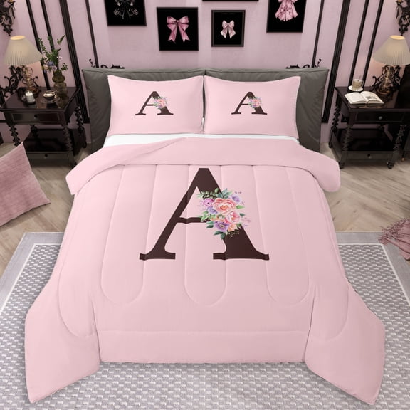 Erosebridal A Personalized Initial Girl Full Size Comforter Sets 3 Pieces,Teens Floral Rose Flowers Bedding Sets,Pink Reversible