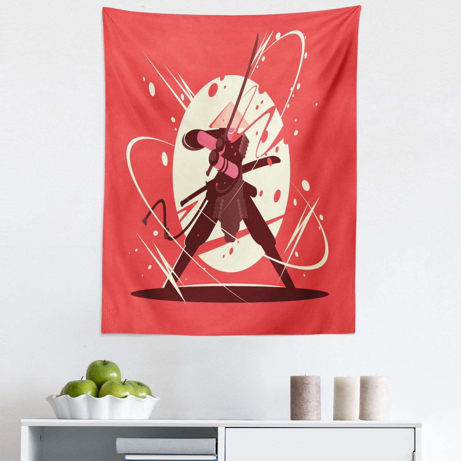 Samurai Tapestry, Oriental with Circular Motif Background Traditional