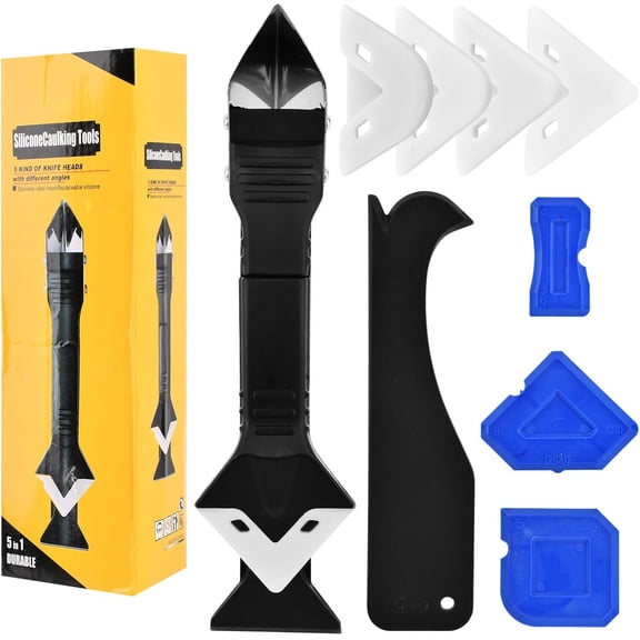 Caulking Tool, 3 in 1 Caulking Remover Glazing Compound Finishing Tool with 5 Replacement Scraper Pads, Grout Scraper Kit for Bathroom, Kitchen, Floor, Window, Sink Joint