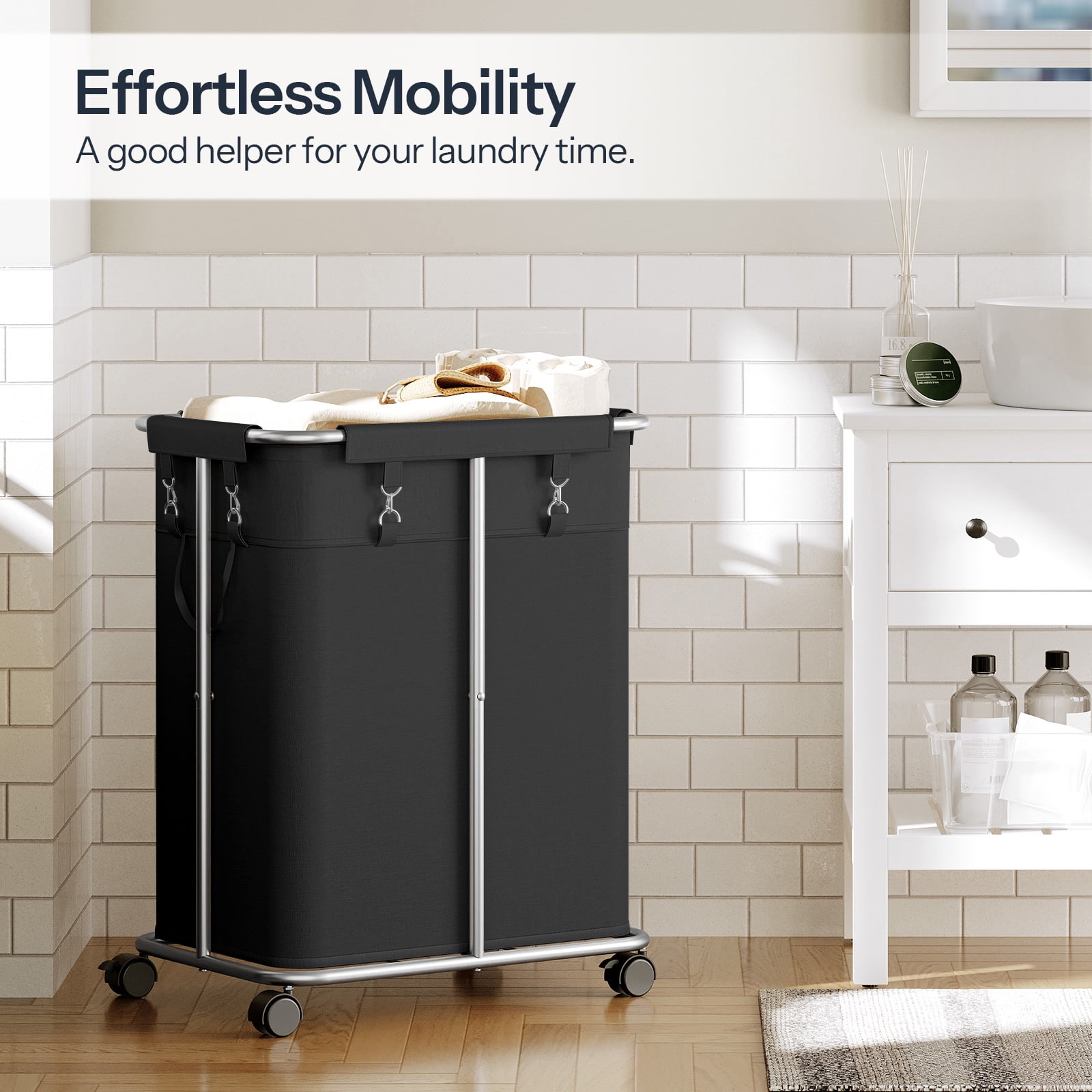 HOOBRO 170L Laundry Basket with Wheels, 45 Gallons Rolling Laundry Hamper, Narrow Slim Laundry Sorter with Removable Oxford Fabric Bag, Laundry Room, Dorm Room, Bedroom, Black BB05XY01