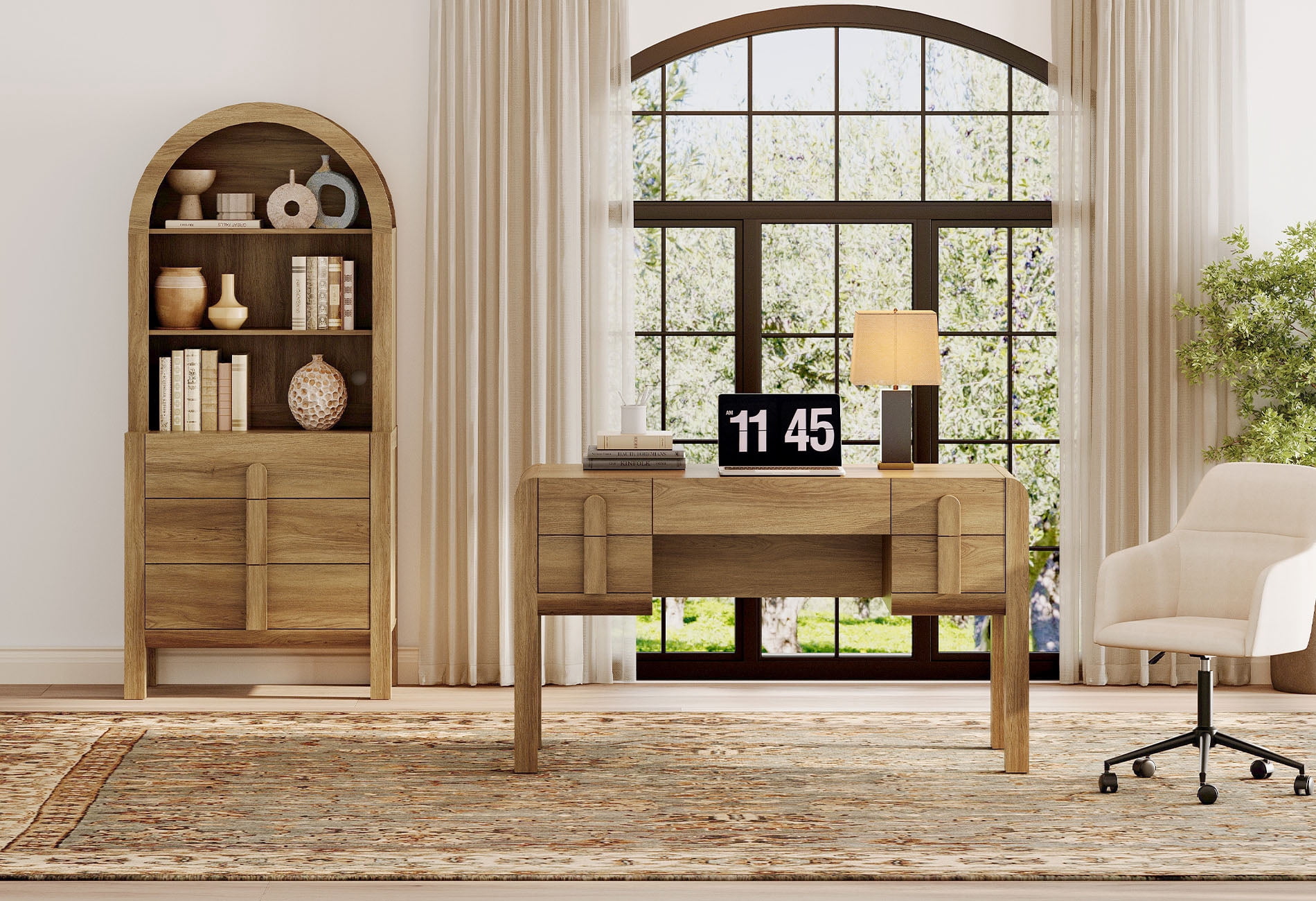 2 Piece Office Set, 53.5" Modern Executive Desk with Charging Station and Drawers & 71"H Tall 3-Tier Arched Bookcases with Open Storage for Living Room, Bedroom, Home Office