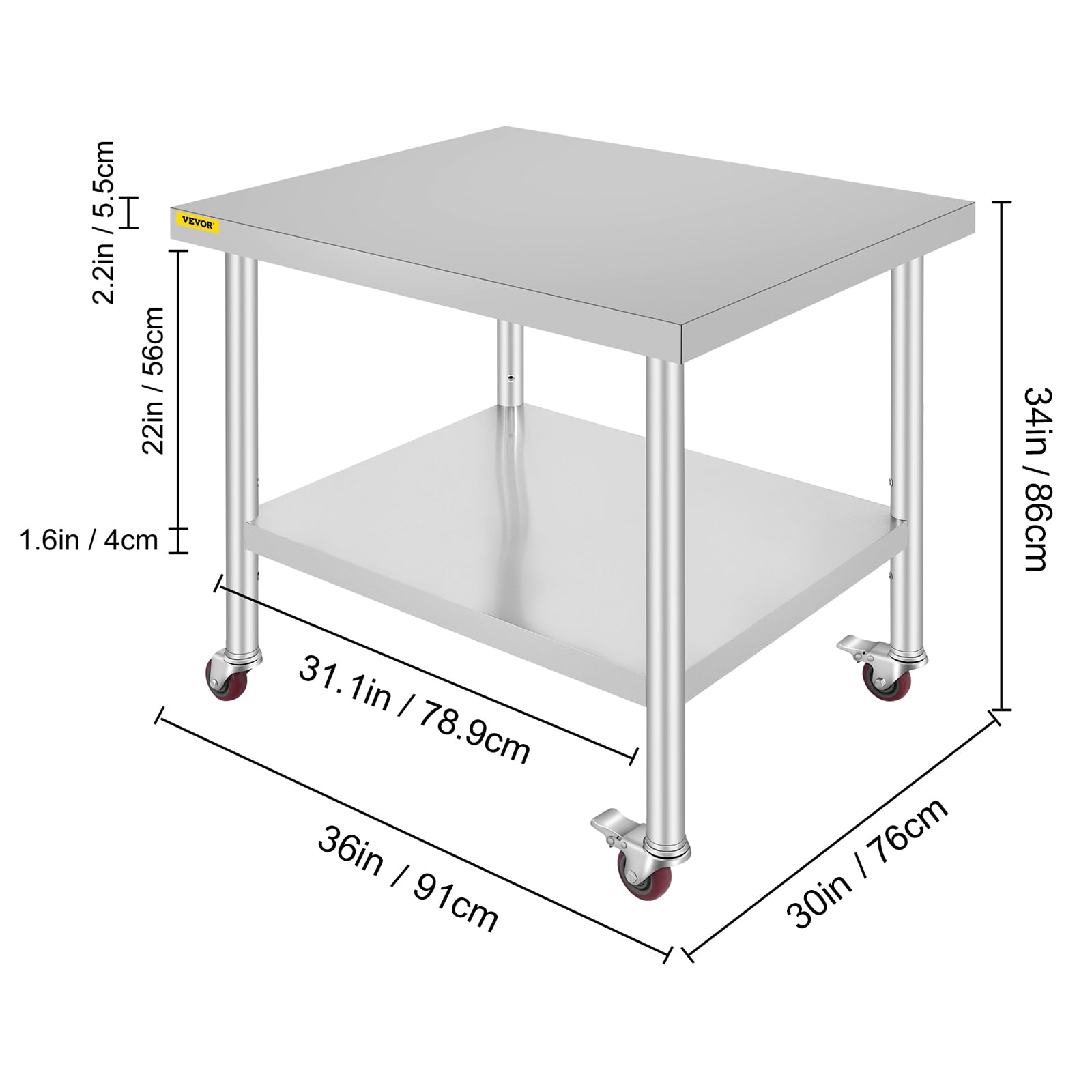 VEVOR Stainless Steel Work Table / Commercial Prep Table 30×36×34 inch;Stainless Steel;3‑Stage Adjustable Shelf;4 Wheels 2 with Brake;220 lb Capacity
