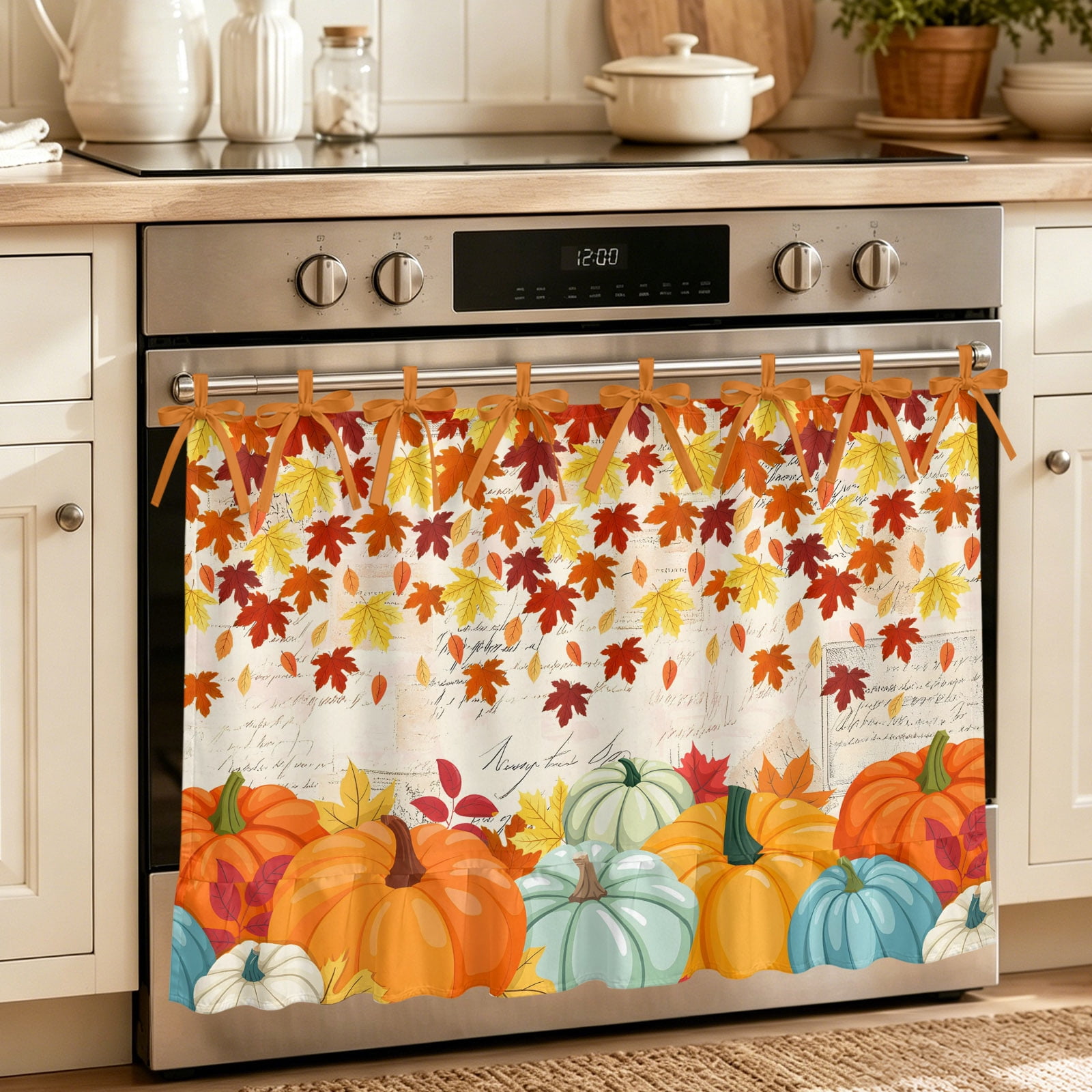 Oven Curtain for Kitchen Watercolor Pumpkin on Letter Stove Curtain With Ruffled Trim Dishwasher Curtains Maple Leaf on Top Oven Skirt 32 x24