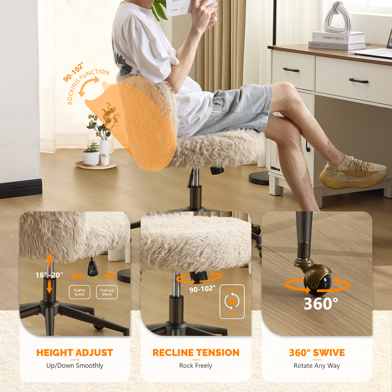 Ktaxon Vanity Chair, Adjustable Desk Chair with Metal Base and Swiveel Casters, Long Pile Fabric Makeup Chair for Women, Ideal for Office,Study and Home Beige