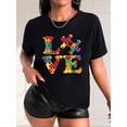 thumbnail image 1 of Colorful Puzzle LOVE Letter Print Black Women's Casual Fashion Round Neck Short Sleeve T-Shirt, Polyester, Machine Washable, 1 of 7