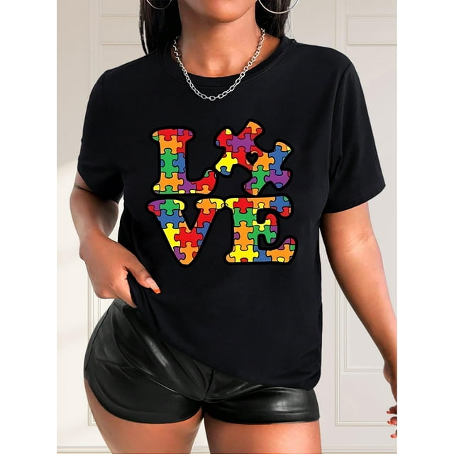 Colorful Puzzle LOVE Letter Print Black Women's Casual Fashion Round Neck Short Sleeve T-Shirt, Polyester, Machine Washable