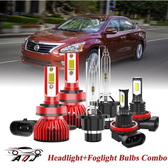For Nissan Altima 4-Door 2005-2015 2016 Headlight High/Low Beam Bulbs & Foglights Combo - 6000K White Xenon Bulbs Pack of 6