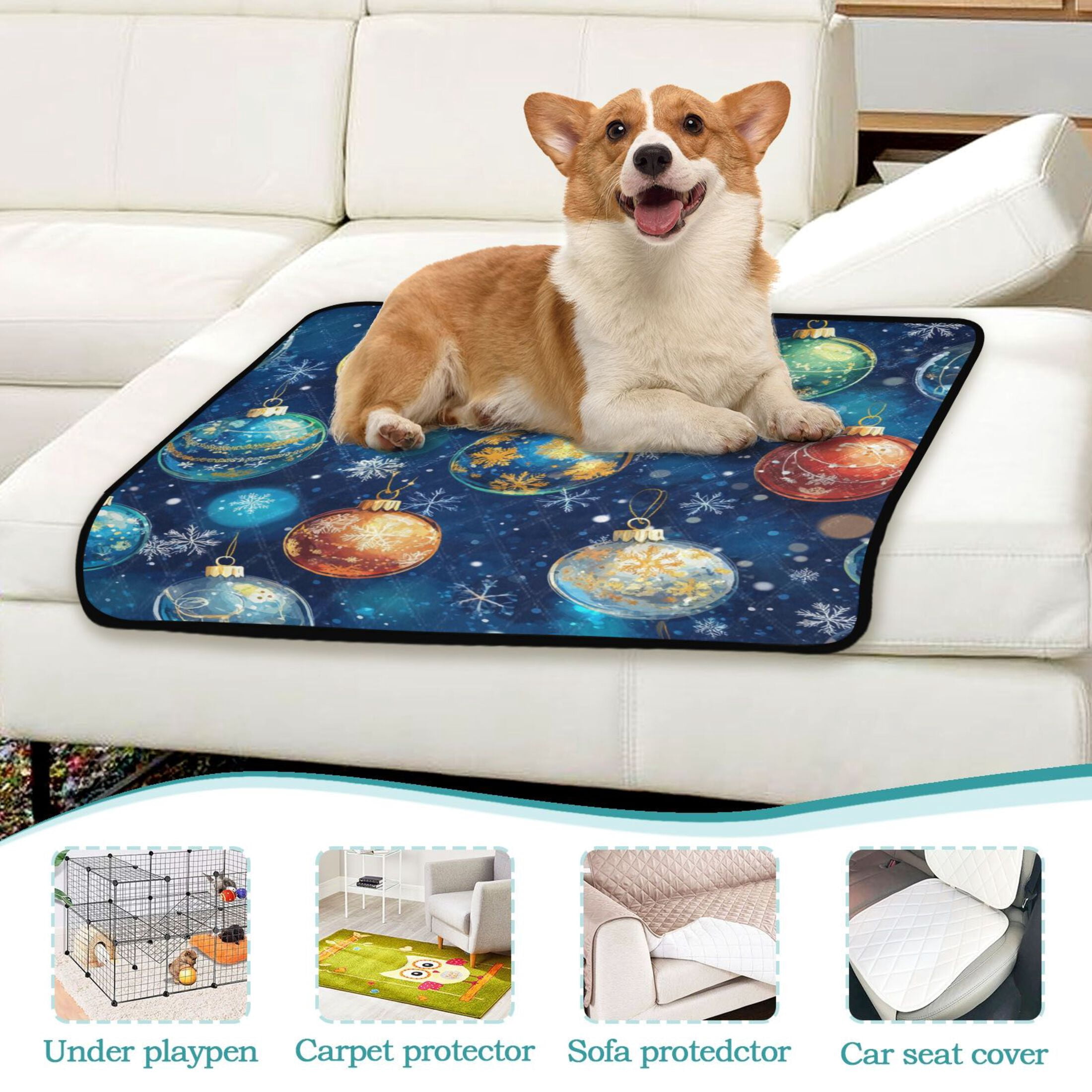 Qxltty Christmas Glass Ball Pattern on Blue Background Cat litter Pads Pet Set of 2 Diaper Mats Center Anti-leakage Layer Absorbent Soft and Comfortable