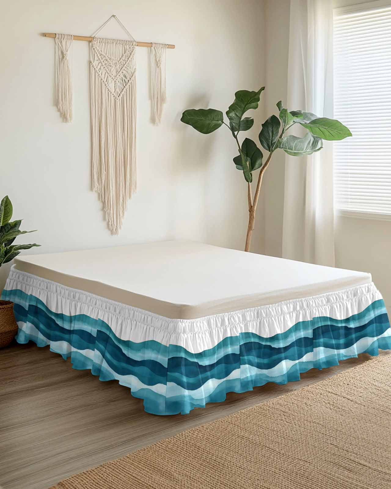Teal Blue Bed Skirt Water Ripple Abstract Gradient Coean Waves Bed Skirts Queen Size 16 Inch Drop, Wrap Around Dust Ruffle&nbsp;Bedskirt with Adjustable Elastic Belt for Queen Size Beds