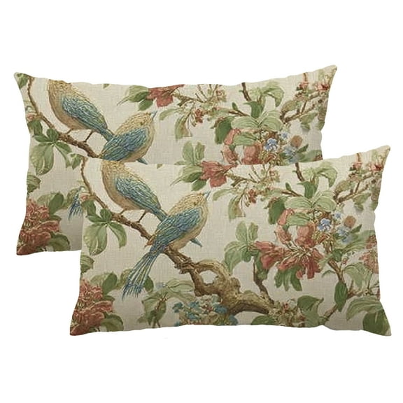 PHYHOO Blue Green Floral Bird Pillow Covers 12x20 Set of 2 Chinoiserie Throw Green Vintage Flowers Bird Decorative Pillow Cases Outdoor Farmhouse Lumbar Decor Cushion Case for Couch Sofa 12x20inch