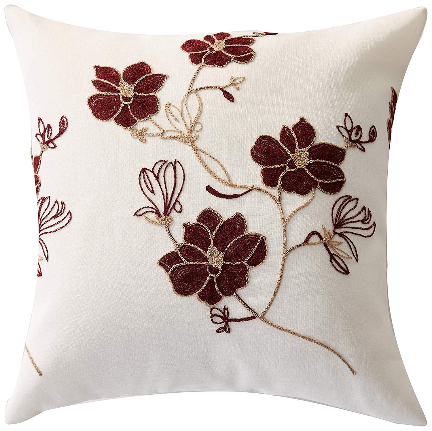 Floral Embroidered Maroon Pillow Cover Throw Pillows Cotton Cushion Case 
