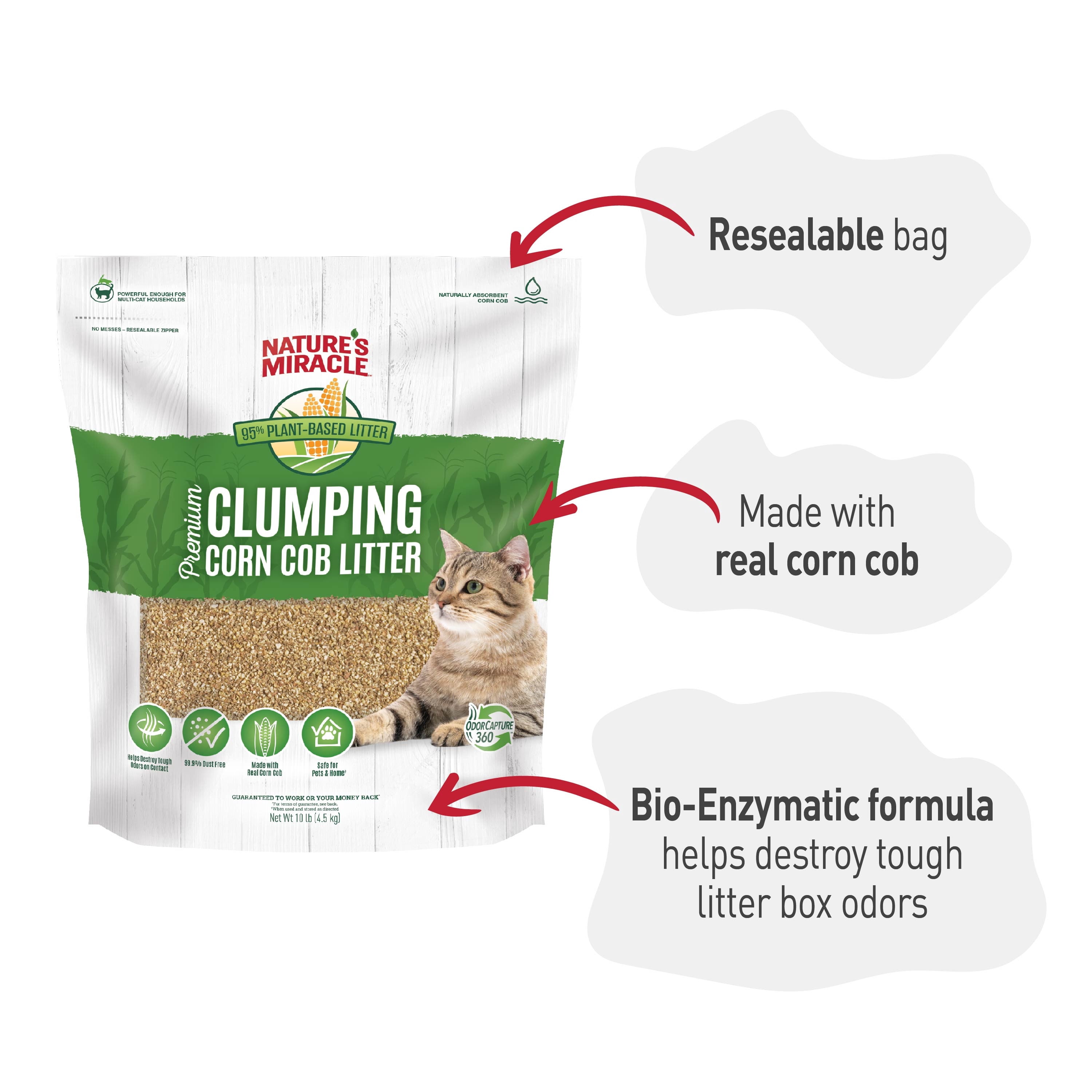 Nature's Miracle Premium Clumping Corn Cob Cat Litter, Bio-Enzymatic Formula, 18 lb