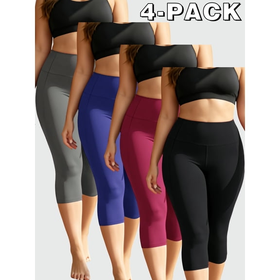 Women's 4-Pack 3/4 Yoga Capris with Side Pockets - High Waist, Tummy Control, Butt Lift, Non-See-Through, Soft Stretch Workout Capri Leggings for Athletic, Gym & Casual Use