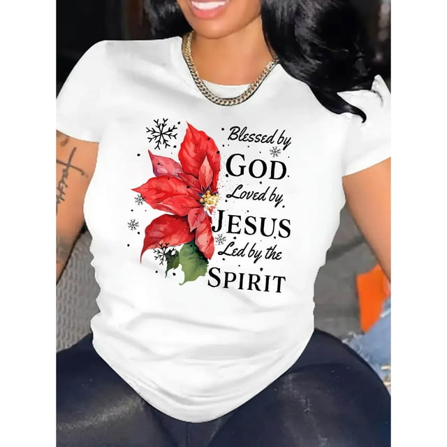 Style d'Été, T-Shirt Imprimé Floral Inspirant pour Femmes - "Beignet de Dieu" Imprimé Poinsettia, Col Rond Décontracté Manches Courtes, Mélange Léger de Polyester, Parfait pour la Fête des Pères en Été et en Vacances
