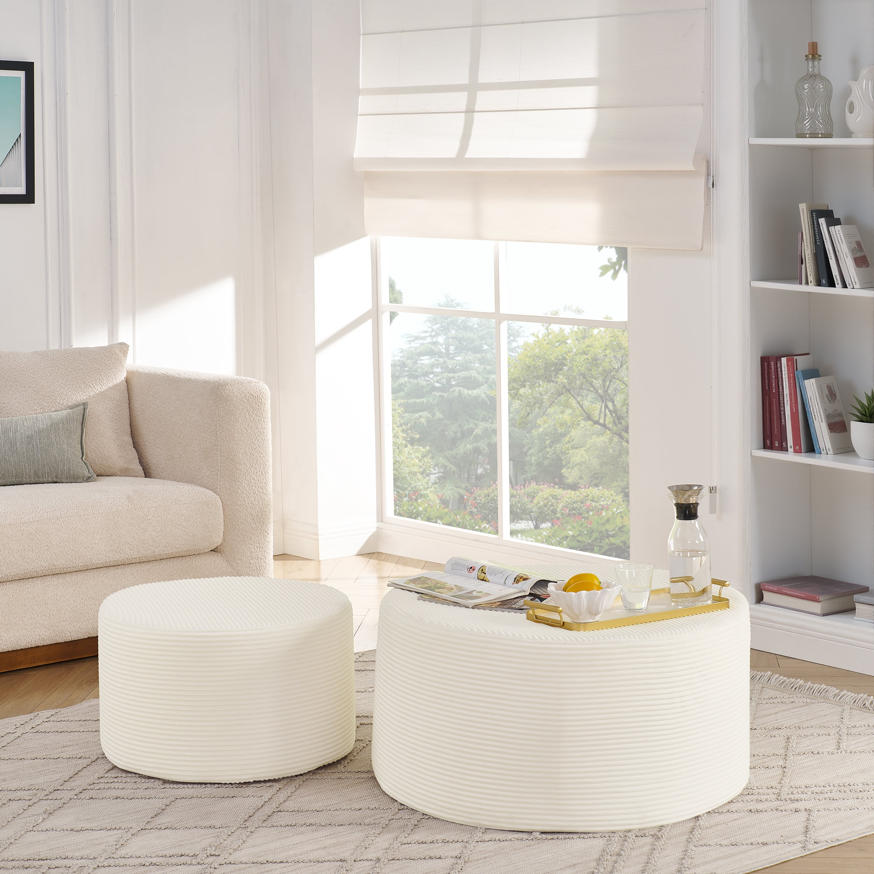 Garitin Ottoman Set of 2 and Round Cylindrical Floor Stools, Upholstered Pouf Seating for Living Room Bedroom Lounge, Beige