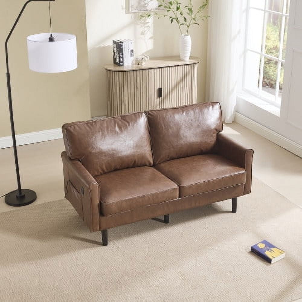 MOONMISS Mid Century Modern Loveseat,with USB & Demountable Pillow Cover for Living Room Bedroom,Brown PU