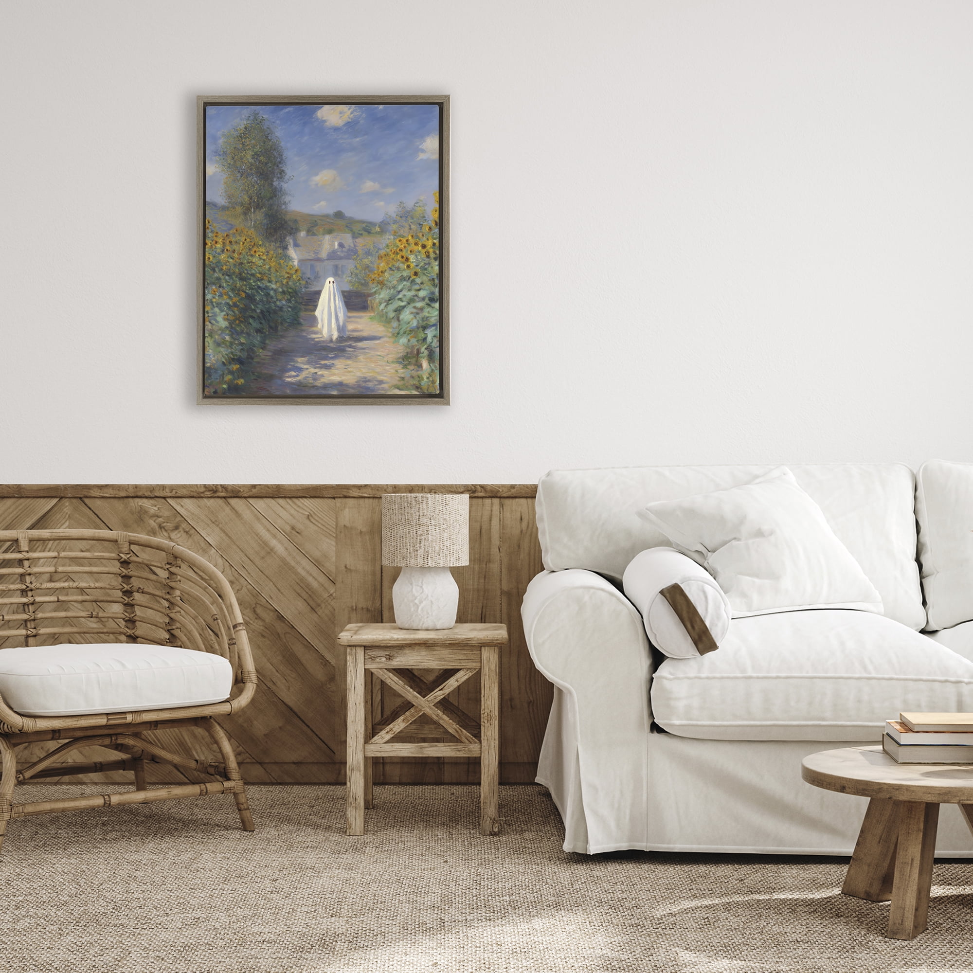 Monet Style Sunflower Ghost Brown Framed Floater Canvas Wall Art, design by Arlington Prints