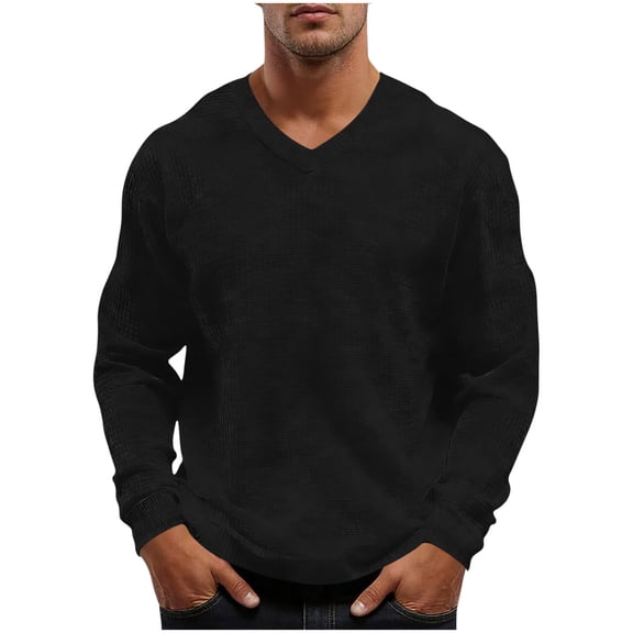 Wrtxtat Men's Long Sleeve Shirts V Neck Waffle Knit Spring Summer Relaxed Fit Long Sleeve Pullover Tee Tops Lounge Tops Workout Tee Shirts Khaki XXL