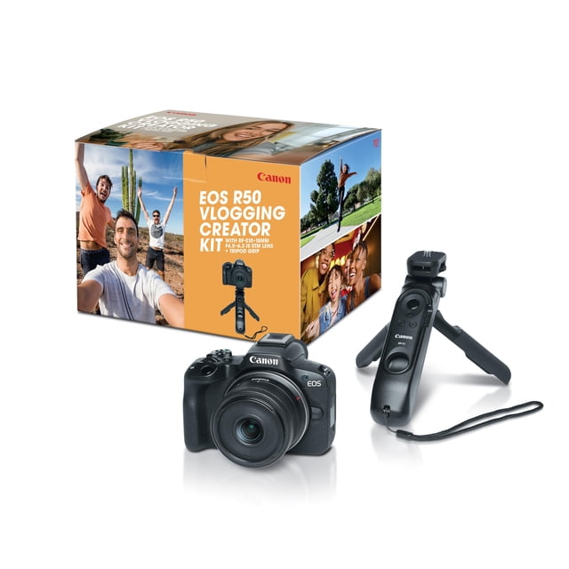 Canon EOS R50 Vlogging Creator Kit, Hybrid Mirrorless Camera with RF-S10-18mm F4.5-6.3 IS STM Lens and Tripod Grip, Wide-angle Lens, 24.2 MP CMOS (APS-C) Sensor, Vlogging Camera, Black