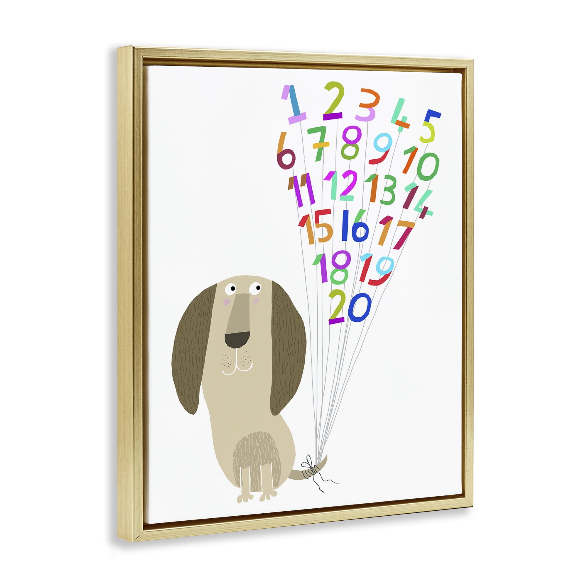 Stupell Industries Dog & Number Balloons Animals & Insects Painting Gold Floater Framed Art Print Wall Art, 17 x 21