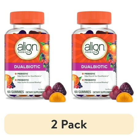 (2 pack) Align Dualbiotic, Prebiotics and Probiotics for Women and Men, Probiotics for Digestive Health, Prebiotics Help Nourish Good Bacteria, Natural Fruit Flavors, 60 Probiotic Gummies