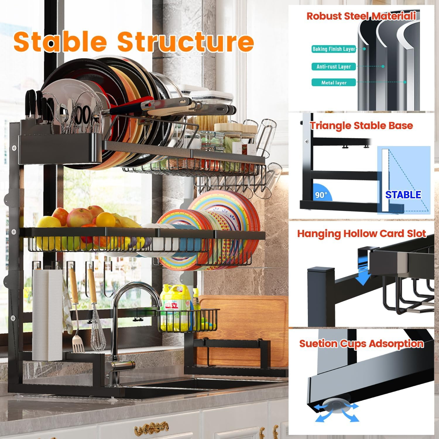 Over Sink Dish Drying Rack (Expandable Height/Length) Snap-On Design Large Dish Drainer Storage Counter Organizer 32-40L x 12W x 34-38H (inches)