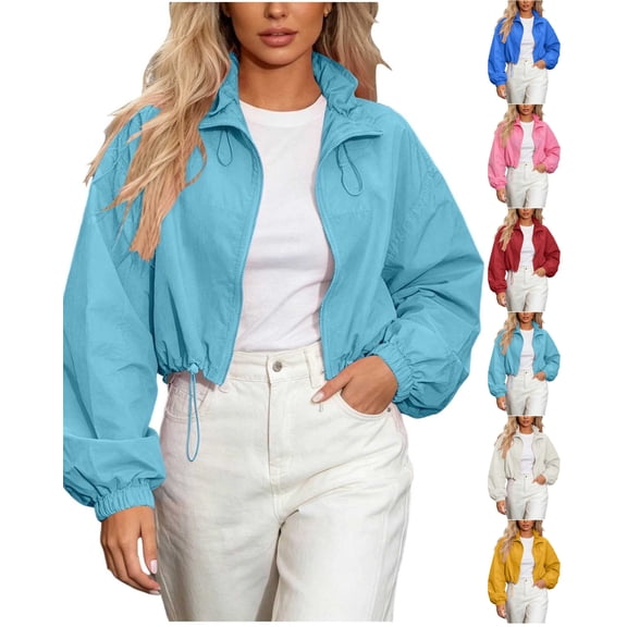 JOANKDMI Women Windbreaker Jacket Cropped Lightweight Long Sleeve Athletic Coat Full Zip Stand Collar with Drawstring Hem Breathable Activewear Outerwear for Gym Fitness Workout