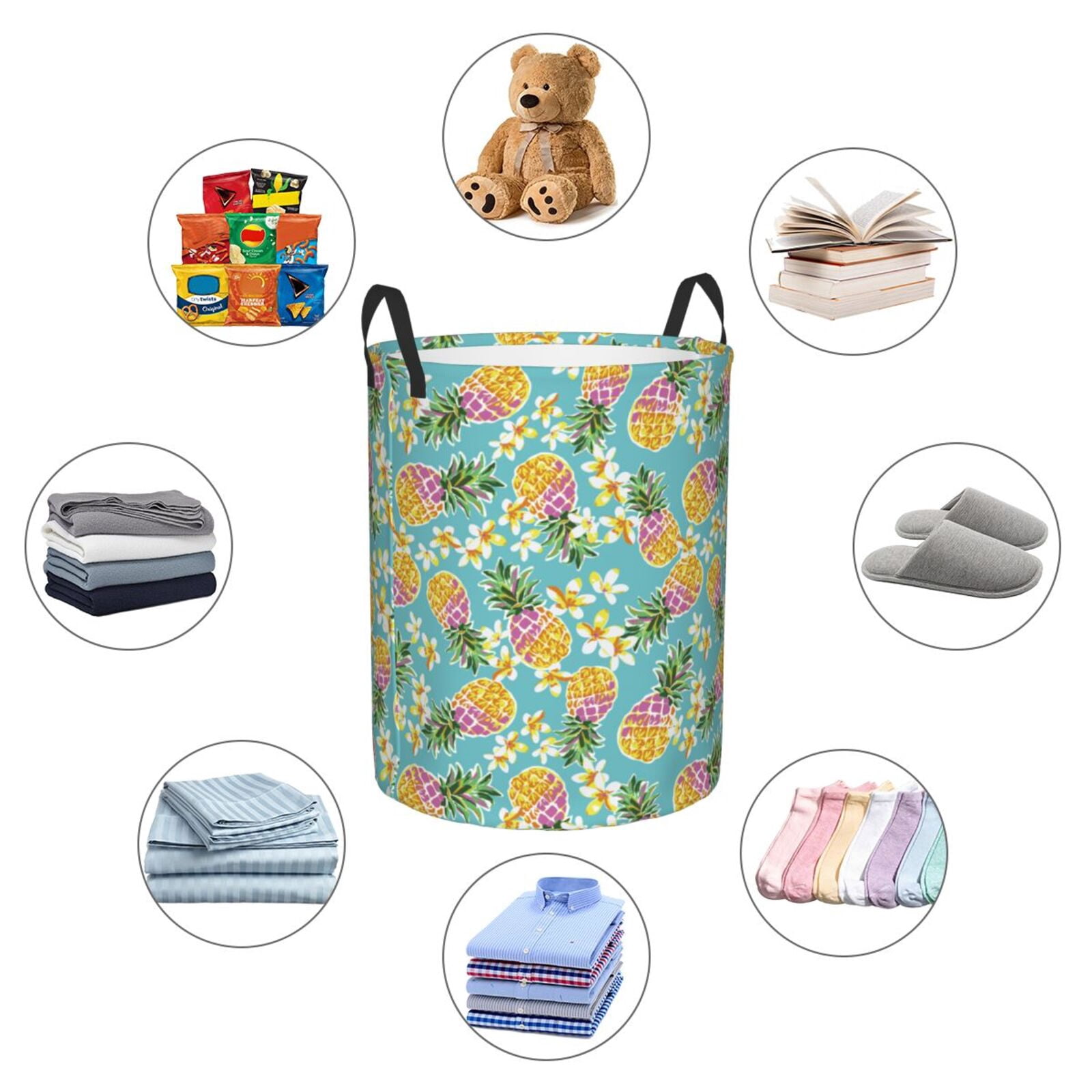 Large Laundry Basket with Handles - Cute Purple Pineapple Flower Kids Baby Dirty Clothes Laundry Hamper for Bedroom Aesthetic