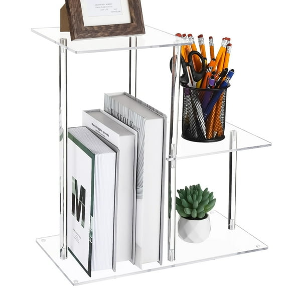 3-Tier Clear Acrylic Desktop Bookshelf, Desktop Shelves Organizer, Modern Table Top Shelf with Silicone Pads, Side Table for Saving Space, Easy to Assemble, 15.3 x 7.9 x 15 in