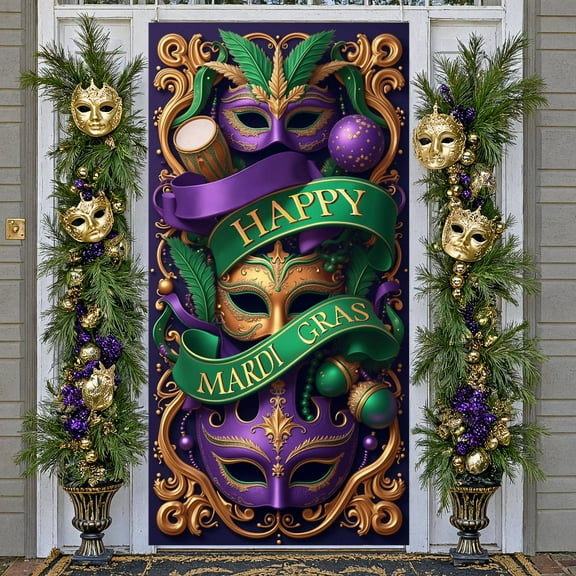 Purple Gold Green Mardi Gras Banner Masquerade Mask Carnival Display Feather Accent Ribbon Banner Beaded Ornament Festive Background for Carnival Party Mardi Gras Celebration New Orleans Event
