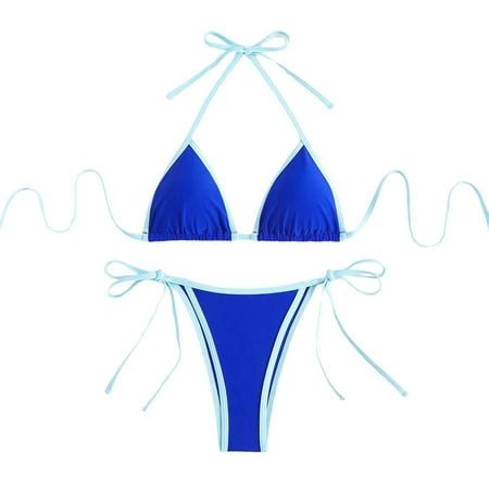 JIANJIA Womens Swimsuits Solid Color Sexy Lace Up Halter Brassiere With Thongs Split Swimsuit Two Piece Bikinis Swimwears Bathing Suits Blue L