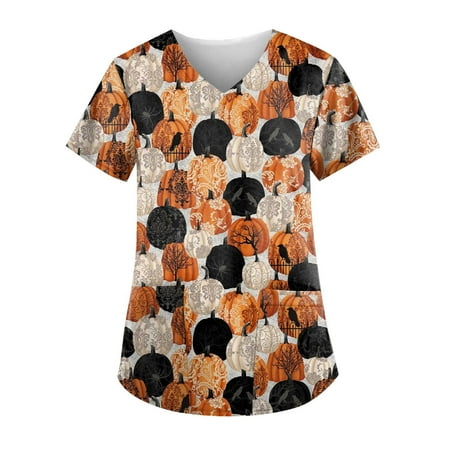 

Funicet Halloween Shirts for Women Scrubs Tops Plus Size Working Uniform With Pockets Short Sleeve V-neck Nursing Uniform Printed Blouse