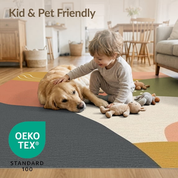 ODIKA 3'x5' Earthy Tones Mid-Century Abstract Washable Area Rug Organic Shapes with Modern Flair for Hallway, Laundry Room, Non-Slip, Flatweave, Easy Care