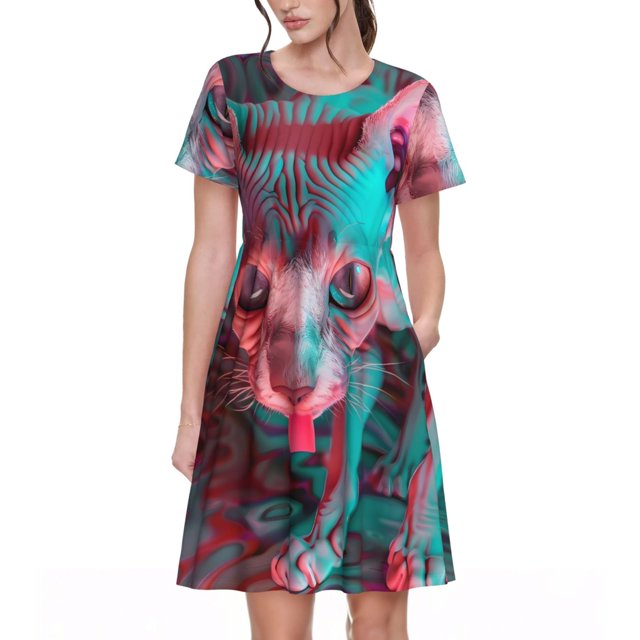 Balery Psychedelic Hairless Cat Vestidos sueltos de manga corta para mujer, vestidos de verano 2025, vestidos casuales de corte A con vuelo.