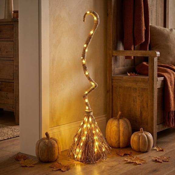 Halloween Decorations, Lighted Witch Broom, Handmade Witches Broom with String Lights, Rustic Fall Indoor Outdoor Halloween Decor for Porch, Yard, Front Door, 38"