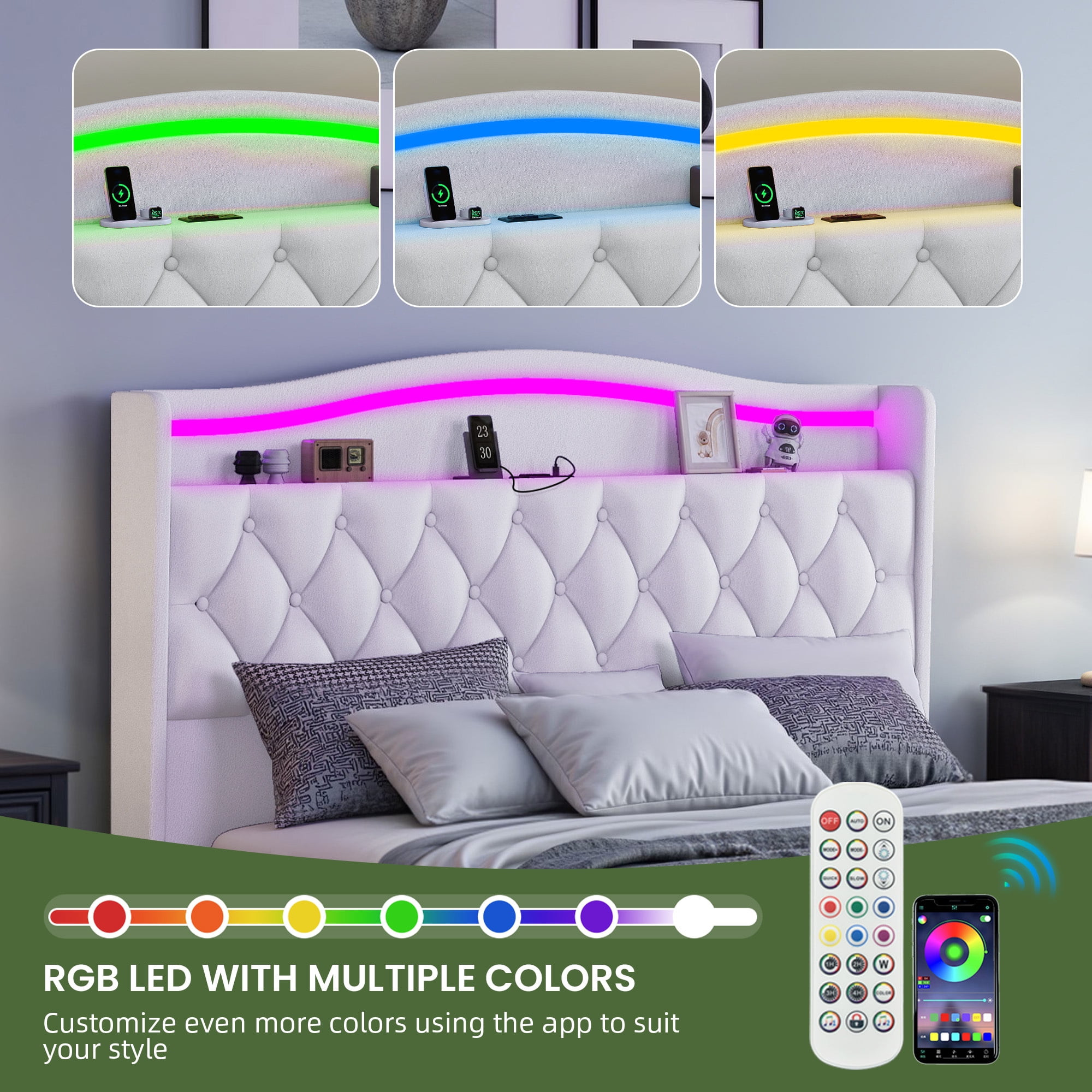 Uforic King Size Bed Frame with Power Outlets & LED Lights, Upholstered Storage Bed Frame with Drawers & Headboard, White