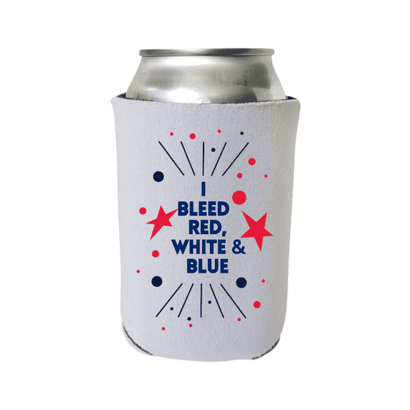 Funny Patriotic Can Coolers, I Bleed Red White & Blue Coolies, Memorial Day, 4th of July, Party Gift and Favor Ideas, Beer Sleeves (White)