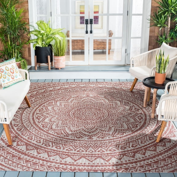 SAFAVIEH Courtyard Josiah Floral Medallion Indoor/Outdoor Area Rug, 6'7" x 6'7" Square, Light Beige/Terracotta
