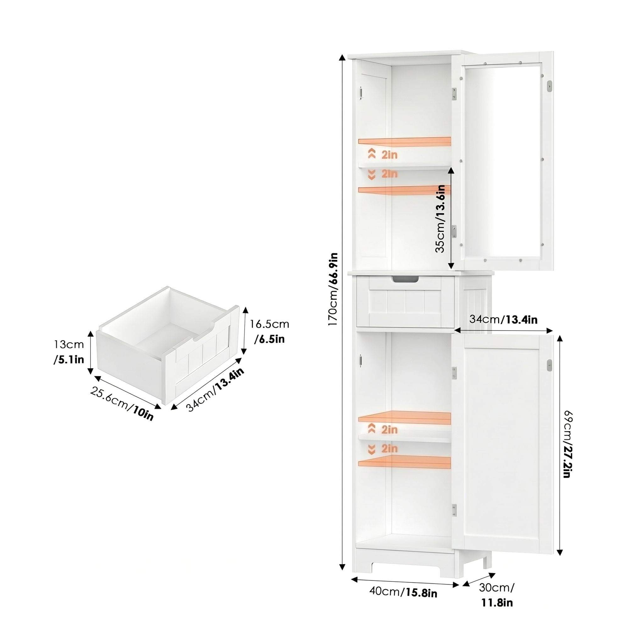 Homfa Narrow Kitchen Pantry Storage Cabinet, 67" Slim White Pantry Cabinet with Drawer and Door, Space-Saving Freestanding Storage Cabinet for Small Place