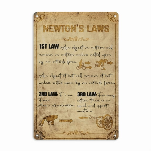 1pc Vintage-Inspired Newton's Laws Metal Sign - 8x12 Inch Rustic Wall Art with Illustrated Physics Principles, Durable Metal Classroom Decor for Science Education, Home Office Bar Decor, Antique Look