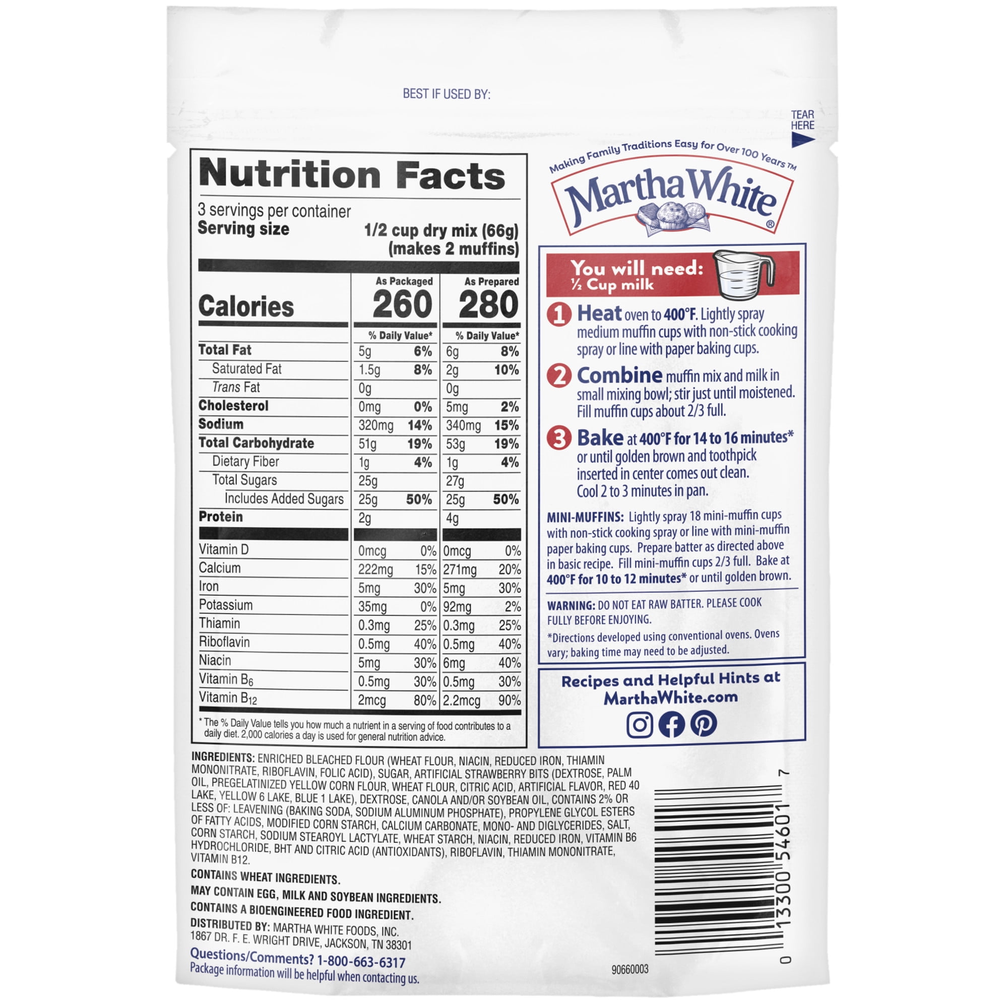 (12 pack) Martha White Strawberry Muffin Mix, 7 oz Bag