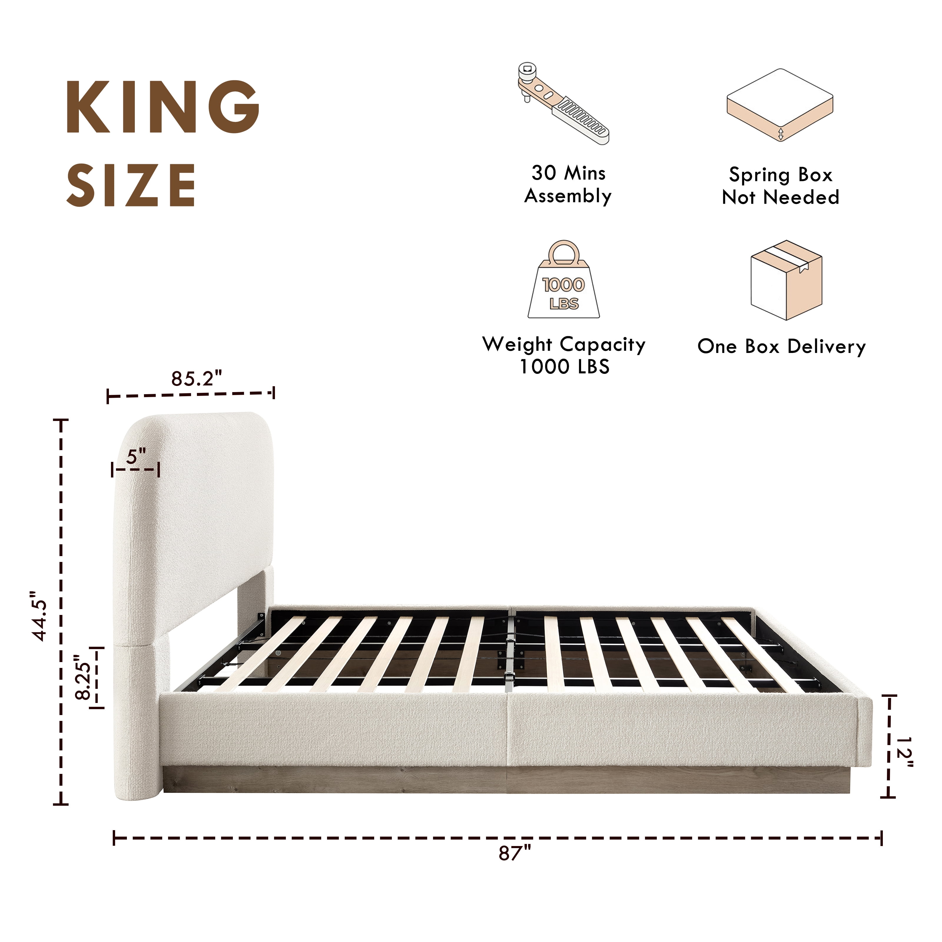 Miniyam King Upholstered Bed with 44.5 in Curved Headboard, Hidden Wood Base, Metal Frame, Cream White