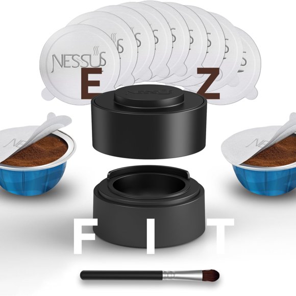 Nessus - Kit de c&aacute;psulas reutilizables Vertuo, [ALSeal EZ FIT] para c&aacute;psulas reutilizables Nespresso con 150 tapas de sellado de papel de aluminio, soporte, cepillo para polvo, p